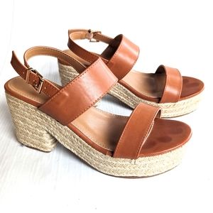 LOLITA brown faux leather strappy sandals with chunky espadrille platform sole